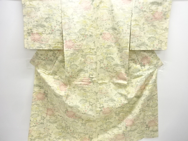 JAPANESE KIMONO / ANTIQUE HITOE KIMONO / SILK / TSUMUGI / WOVEN STREAM & FLORAL PLANTS